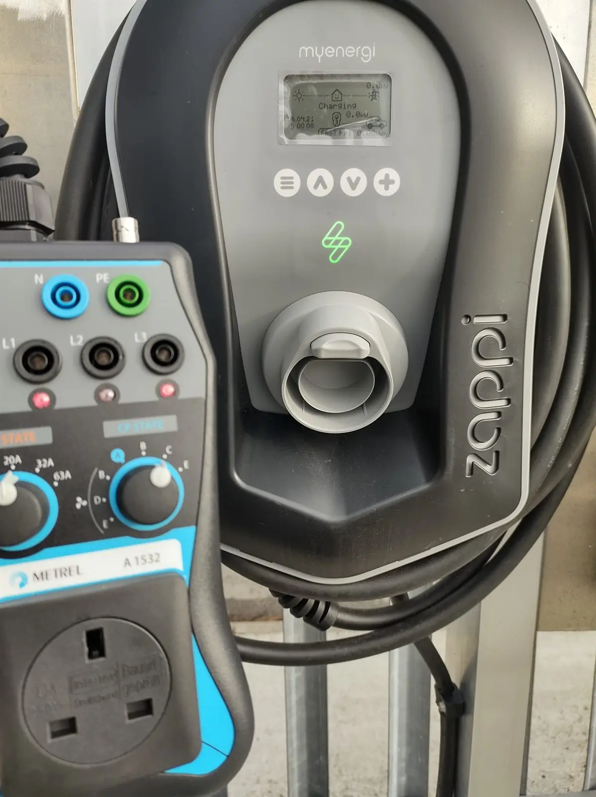 EV chargepoint connected to specialist electrical test equipment