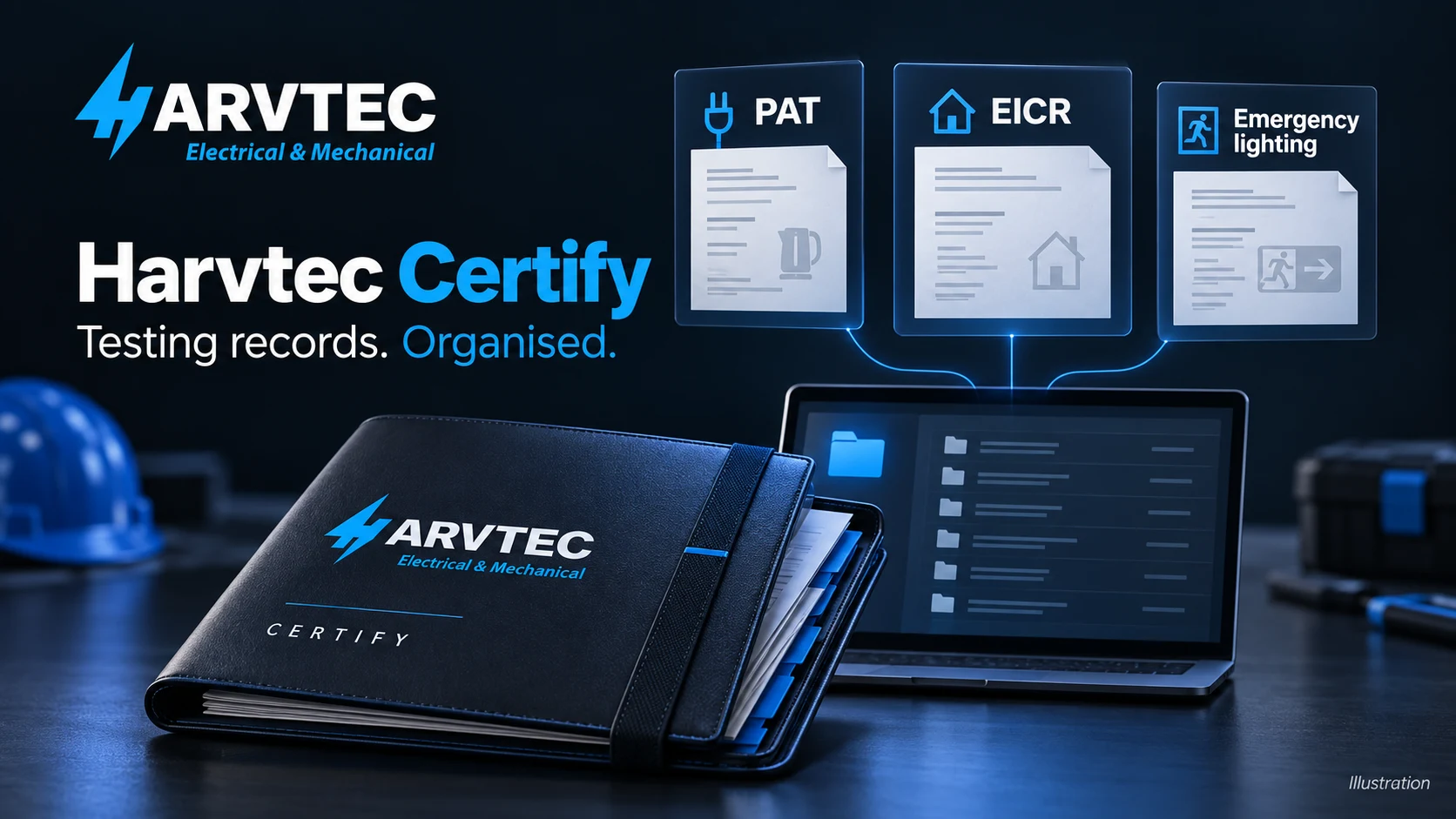Harvtec Certify illustration connecting PAT, EICR and emergency lighting records